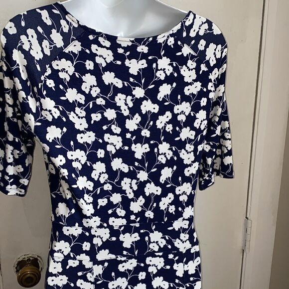 LANDS’ END Navy Blue White Floral Elbow Sleeve Midi Dress-XS - Picture 6 of 8